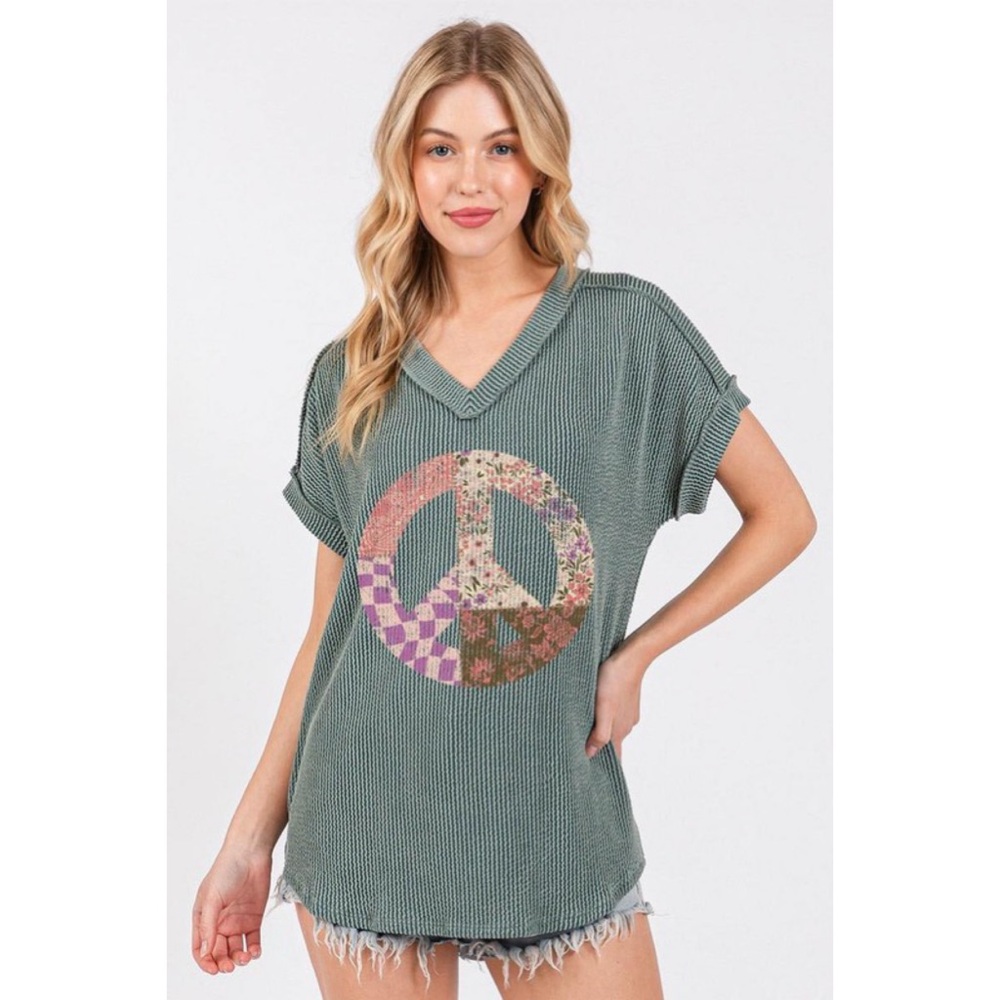 Last 3! Boho Soft Ribbed Moss V Neck Reverse Stitch Peace Sign Top!